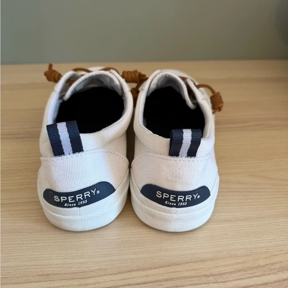 White Canvas Sperry Sneakers with Brown Leather Laces Boat Shoes - Picture 5 of 5